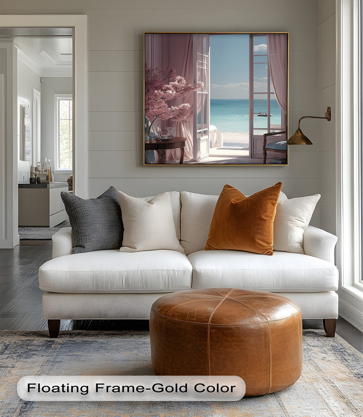 Seaside Serenity – Elegant Room with Ocean View Canvas Print
