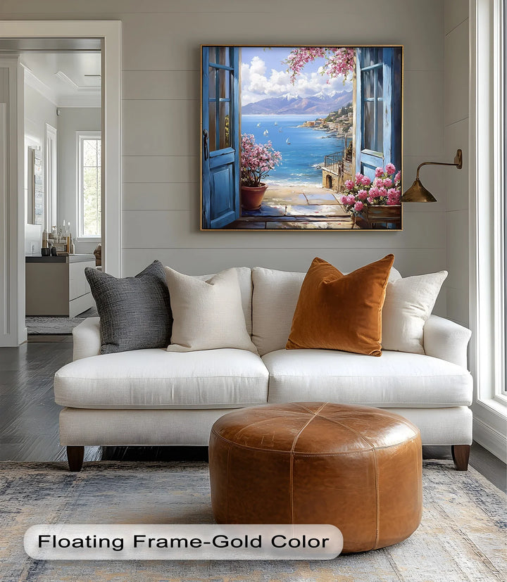 Mediterranean View – Open Window with Coastal Seascape Canvas Print - MyPhotoStation