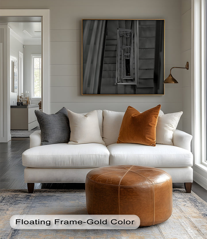 Elevate your walls with this sleek custom canvas print featuring an endless spiral of stairs and shadows.

