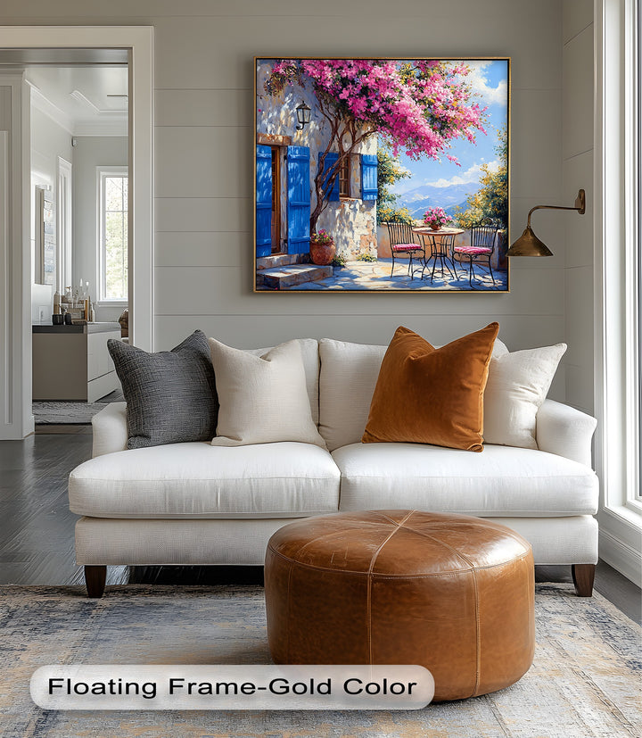Bougainvillea Breeze – Pink Blossoms and Blue Shutters Canvas Print