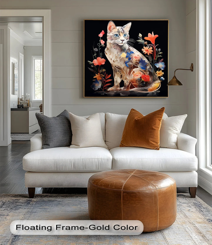 Botanical Gaze – Floral Patterned Cat with Blue Eyes Cat Canvas Print - MyPhotoStation