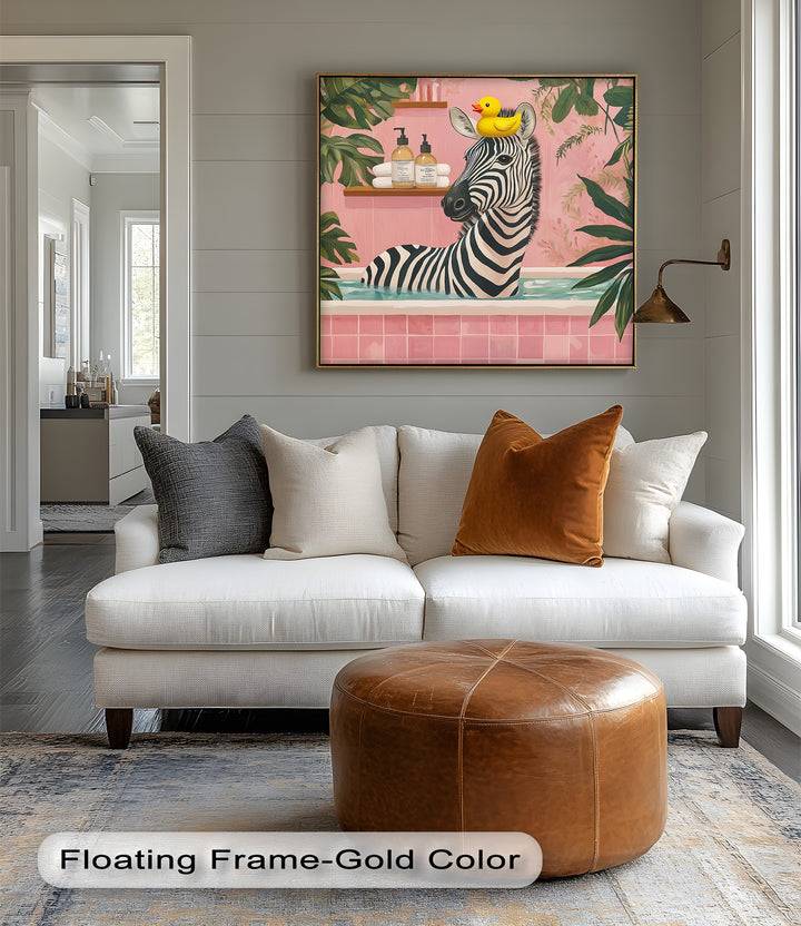This high-resolution modern canvas wall art features bold contrasts, playful wildlife, and tropical charm, turning your bathroom into a gallery of laughter and style.

