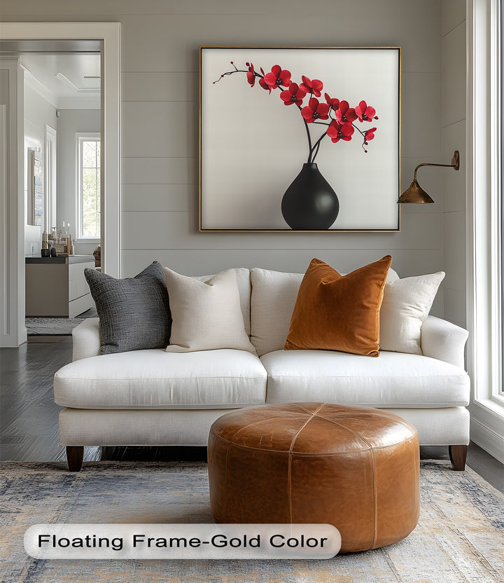 Minimalist Red Orchids in Black Vase – Contemporary Floral Canvas Print