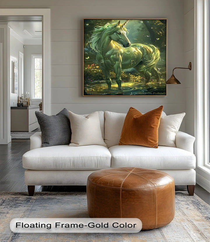 Glowing Green Unicorn in Enchanted Pond - Animal Canvas Print - MyPhotoStation