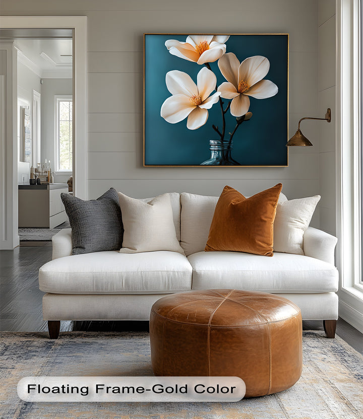 White Magnolia Trio in Teal – Elegant Floral Canvas Prints