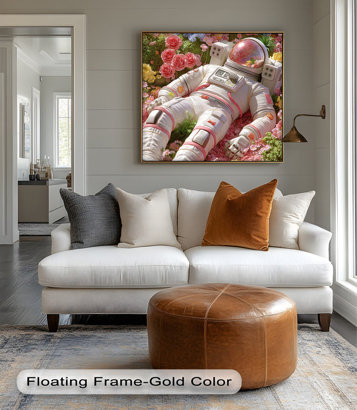 Astronaut Resting in a Garden of Flowers - Pink Canvas Print