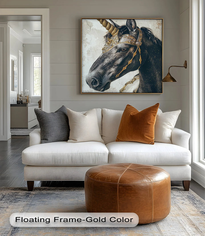 Regal Black Unicorn with Golden Armor – Fantasy Animal Canvas Print - MyPhotoStation