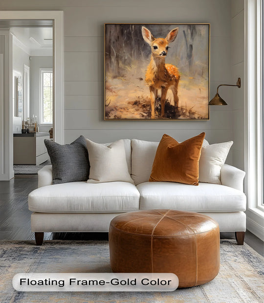 The darkest area of the gentle fawn in the forest animal canvas art print showcases depth, grounding the delightful scene captured in this high-quality canvas art.