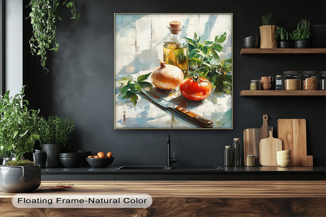 Rustic Kitchen Essentials – Tomato, Onion & Olive Oil Still Life Canvas Print - MyPhotoStation