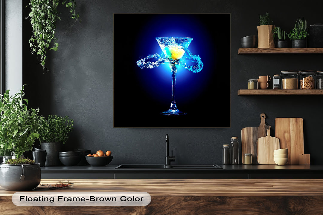 Dynamic water splashes softly around a vibrant blue martini with a zesty lemon slice, depicted in striking neon cocktail canvas artwork.