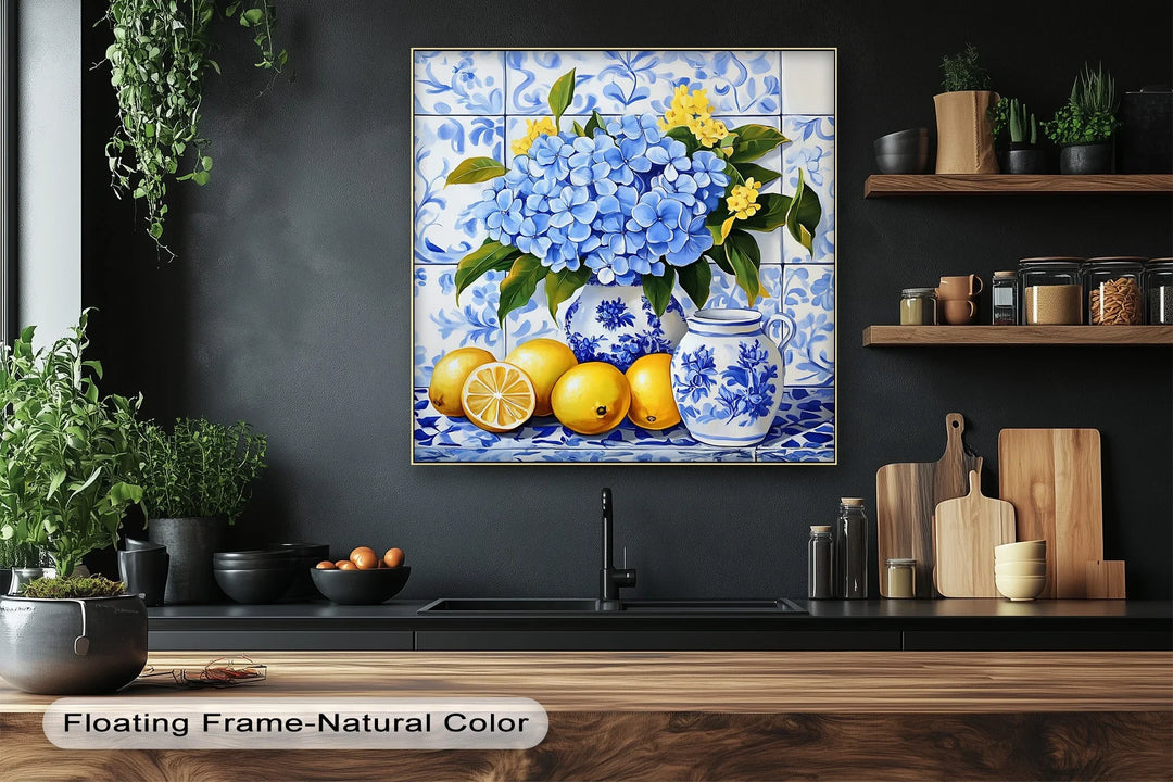 Lemon & Hydrangea Harmony – Blue Tile Floral Kitchen Canvas Print - MyPhotoStation