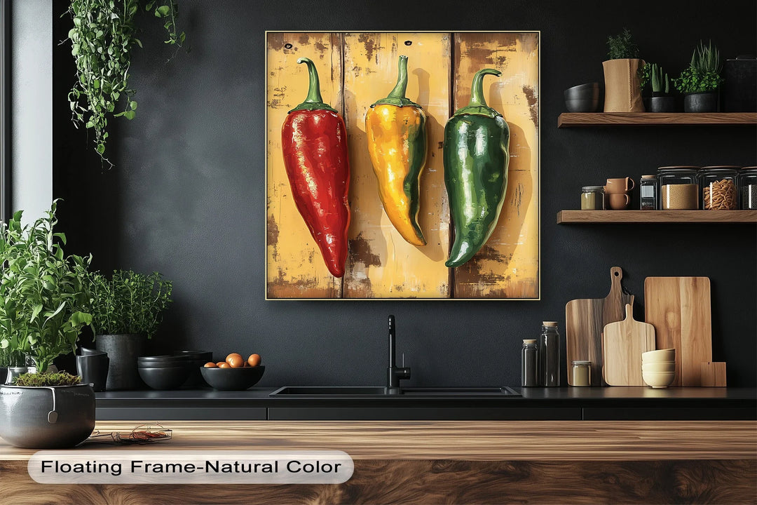 Spicy Trio – Rustic Red, Yellow & Green Peppers Kitchen Canvas Print - MyPhotoStation