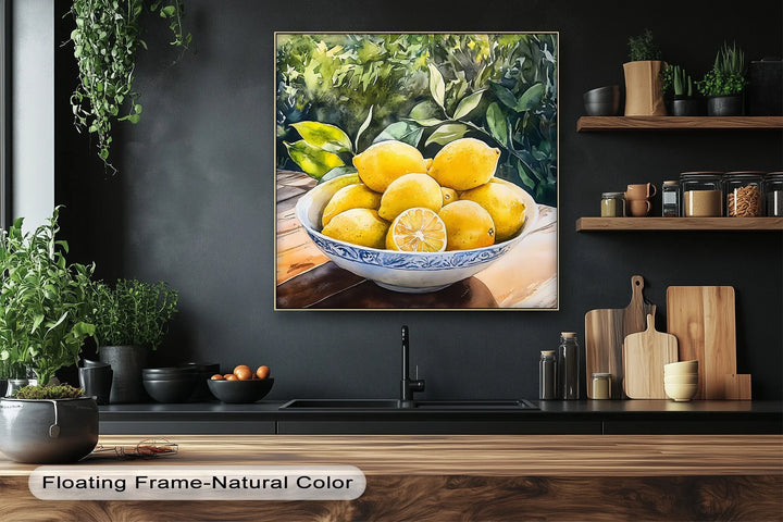 Sunlit Lemons in Porcelain Bowl – Mediterranean Kitchen Canvas Print - MyPhotoStation