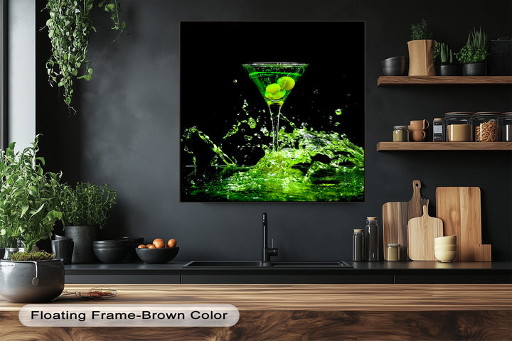 The vibrant green martini glass with olives and dynamic liquid splashes is the captivating focal point of this modern canvas art prints, set in a chic kitchen.