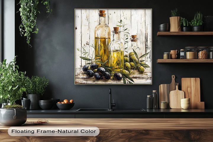 Golden Harvest – Olive Oil Bottles Rustic Kitchen Canvas Print - MyPhotoStation