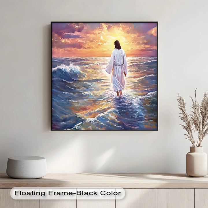Bring the majesty of faith to your walls with this sunset-hued canvas painting of Christ on the sea.

