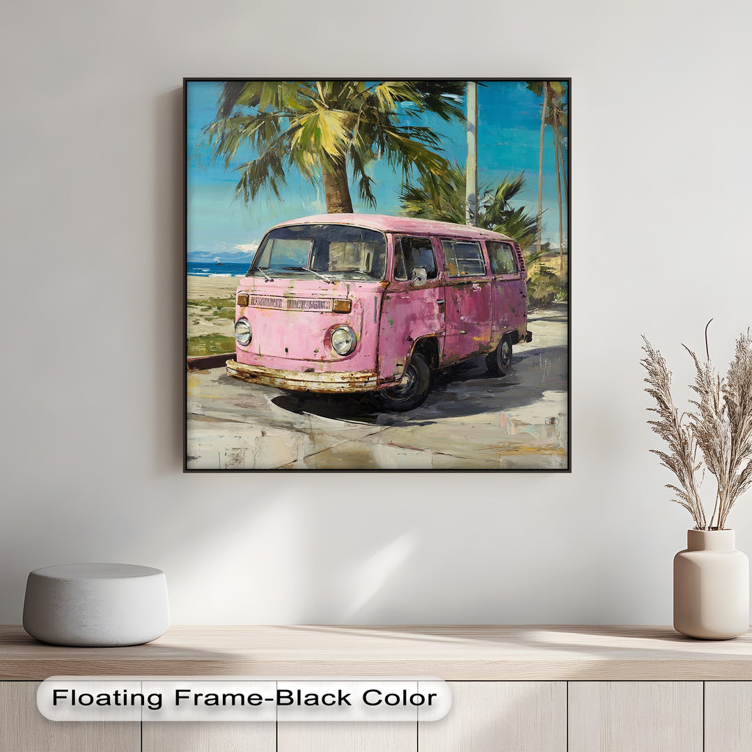 Pink Paradise Ride – Vintage Van by the Beach Canvas Print