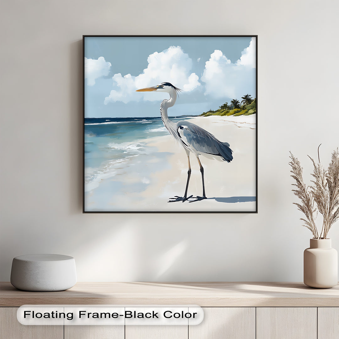Coastal Heron Under Blue Skies – Tropical Beach Canvas Print