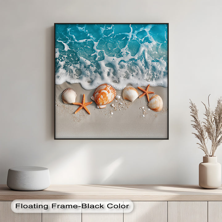 A stylish blend of seashells and surf, printed on high-quality photo canvas.

