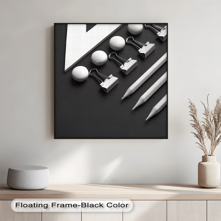 Elevate your workspace with this organized, bold canvas painting of pencils, clips, and buttons in perfect alignment.

