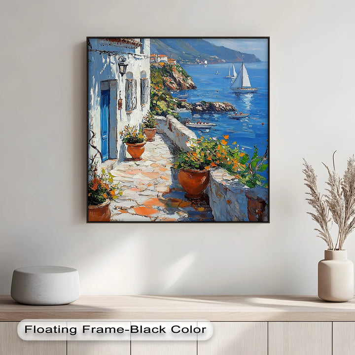 Mediterranean Stroll – Seaside Village Path with Blue Door Canvas Print - MyPhotoStation