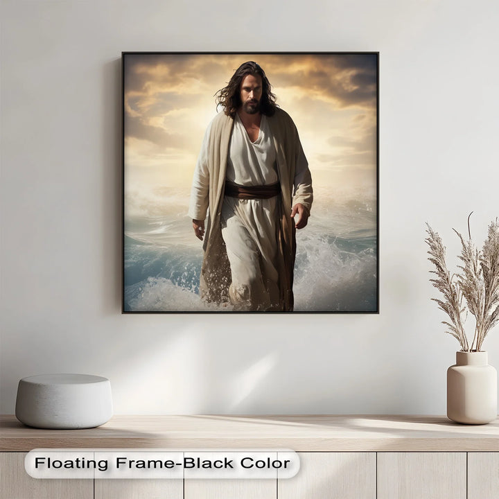 Invite spiritual strength into your home with this radiant canvas painting of Jesus walking on waves.

