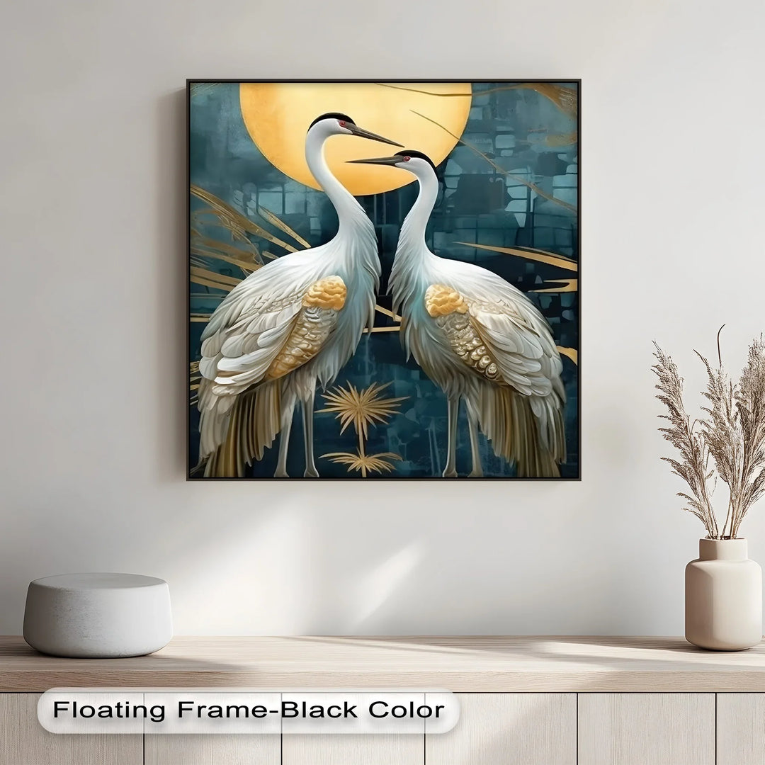Moonlit Elegance – Golden Cranes Under Full Moon Canvas Print - MyPhotoStation