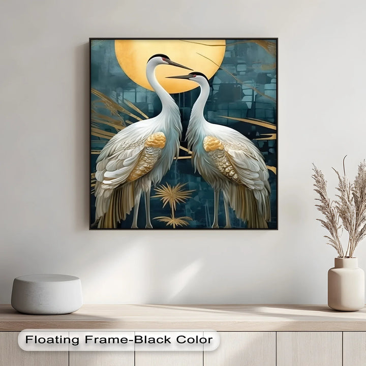 Moonlit Elegance – Golden Cranes Under Full Moon Canvas Print - MyPhotoStation