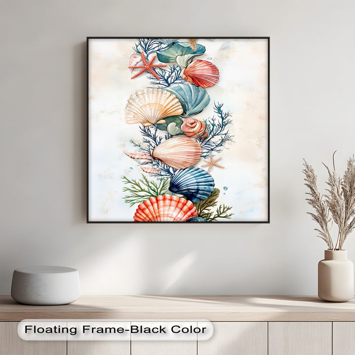 Layered sea treasures in rich tones form a unique framed canvas centerpiece.

