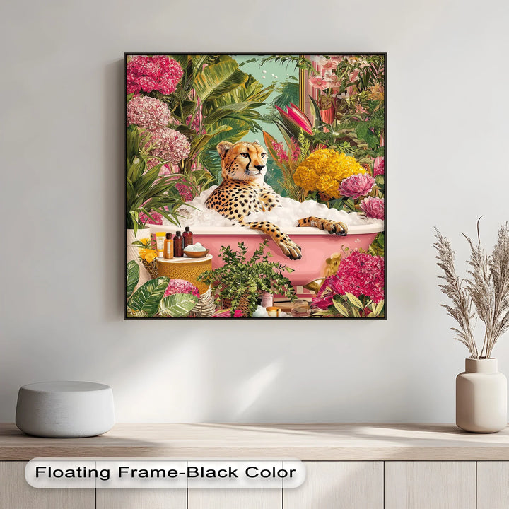 Cheetah in Pink Bathtub – Whimsical Jungle-Inspired Canvas Print - MyPhotoStation