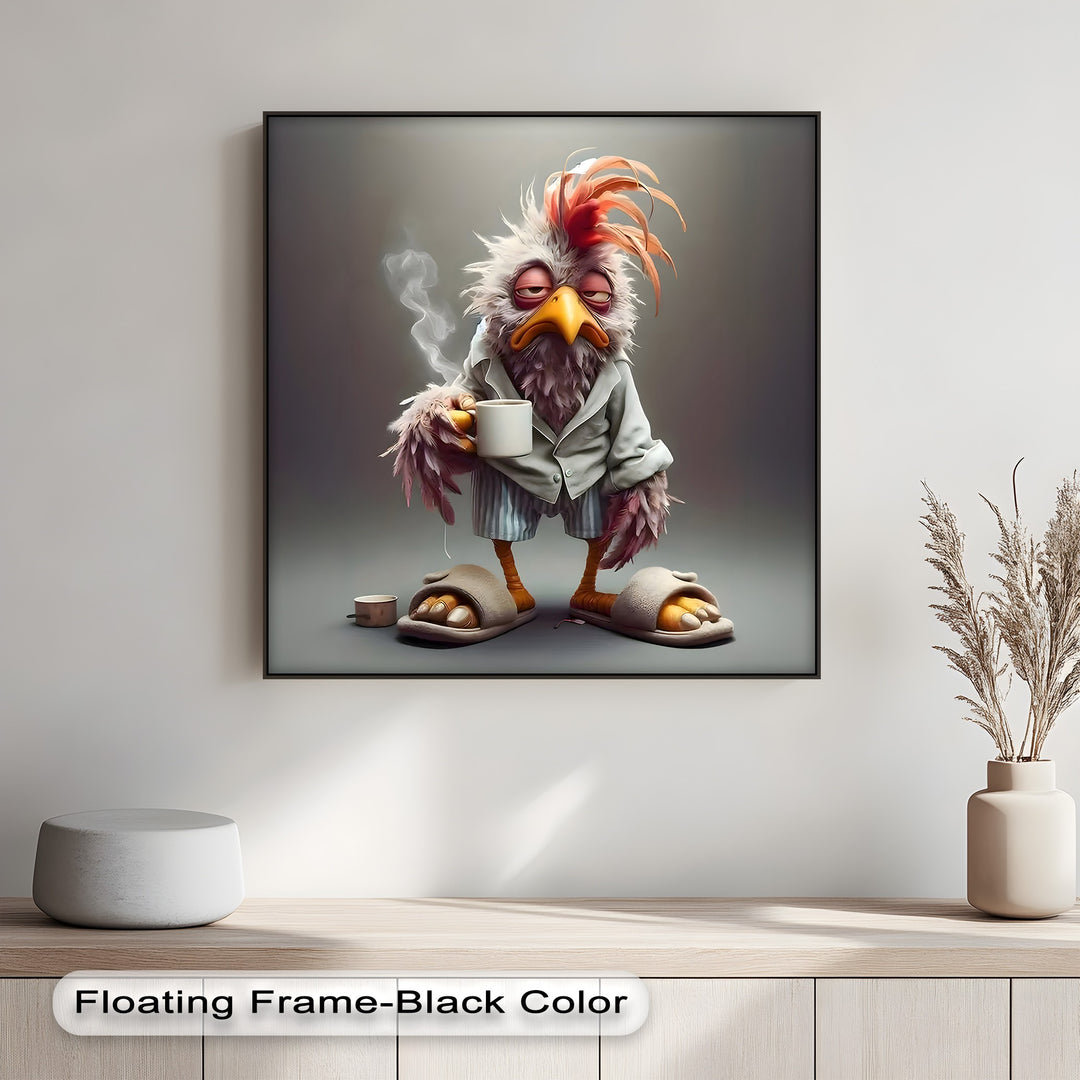 Predominantly light grey and cream, this premium canvas decor showcases a funny Morning Grump Bird holding coffee.