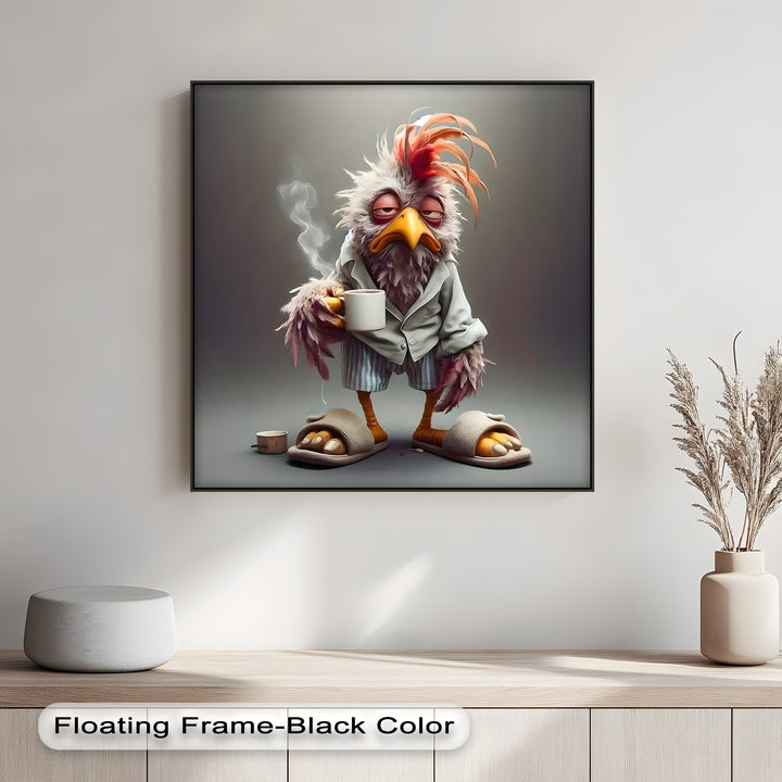 Predominantly light grey and cream, this premium canvas decor showcases a funny Morning Grump Bird holding coffee.