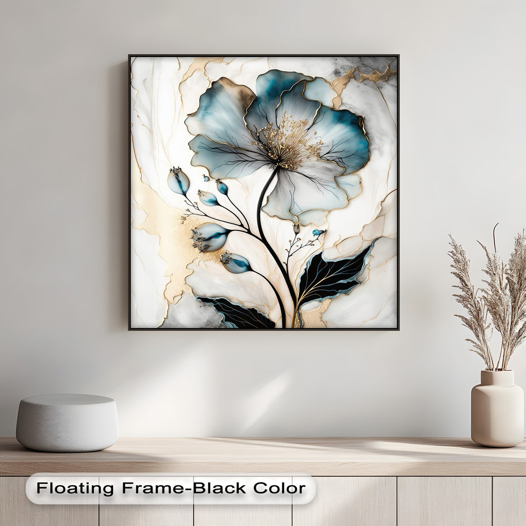 The darkest area reveals rich black stems and leaves supporting the luxury abstract blue floral canvas pictures.