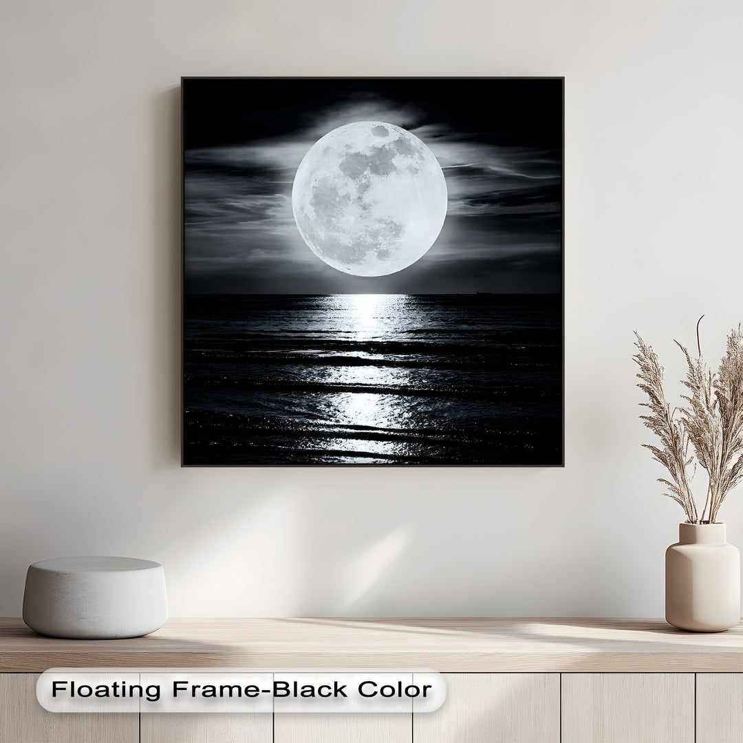 The radiant full moon and its shimmering reflection on the dark ocean create a dramatic seascape canvas painting.