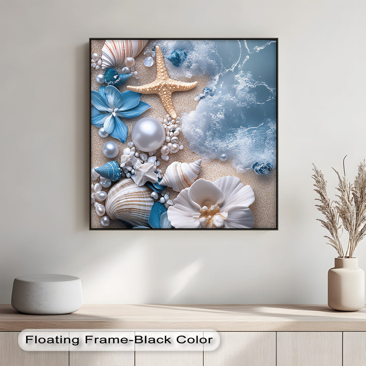 Create a soothing retreat with this ocean pearl and floral canvas art design.

