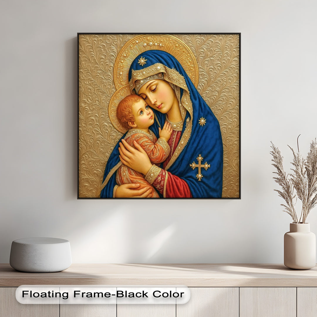 The serene stillness of the Madonna and Child is captured in this beautiful canvas wall decor, showcasing their tender embrace.