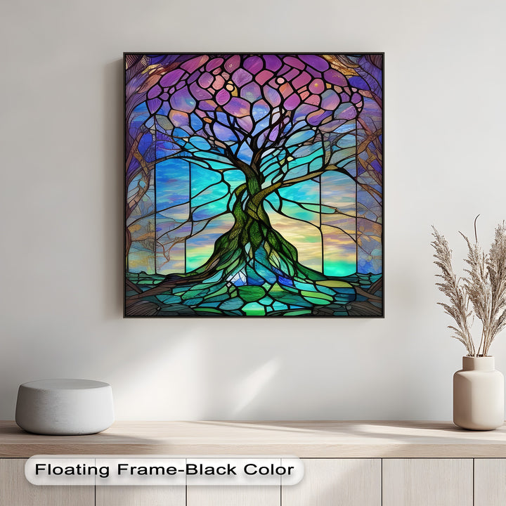 Warm light and soft shadows elegantly frame the vibrant stained glass tree canvas art, showcasing its glowing purple leaves and tranquil turquoise roots.