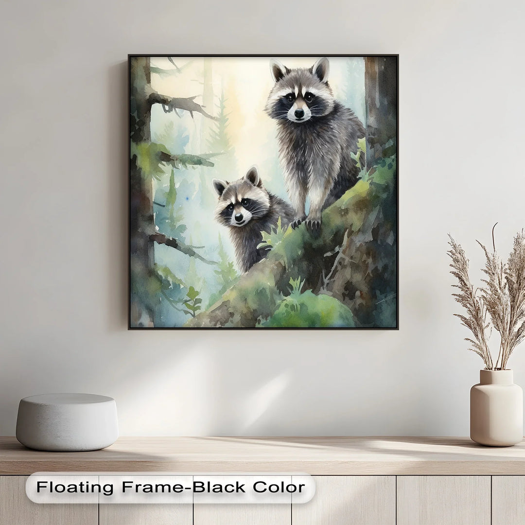 Curious Companions – Raccoons in Forest Animal Canvas Print - MyPhotoStation