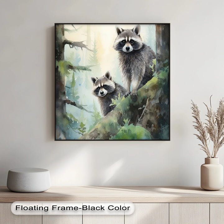 Curious Companions – Raccoons in Forest Animal Canvas Print - MyPhotoStation