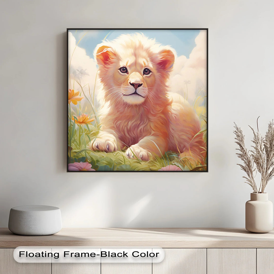 Innocent Majesty – Baby Lion Cub in Blooming Field Animal Canvas Print - MyPhotoStation