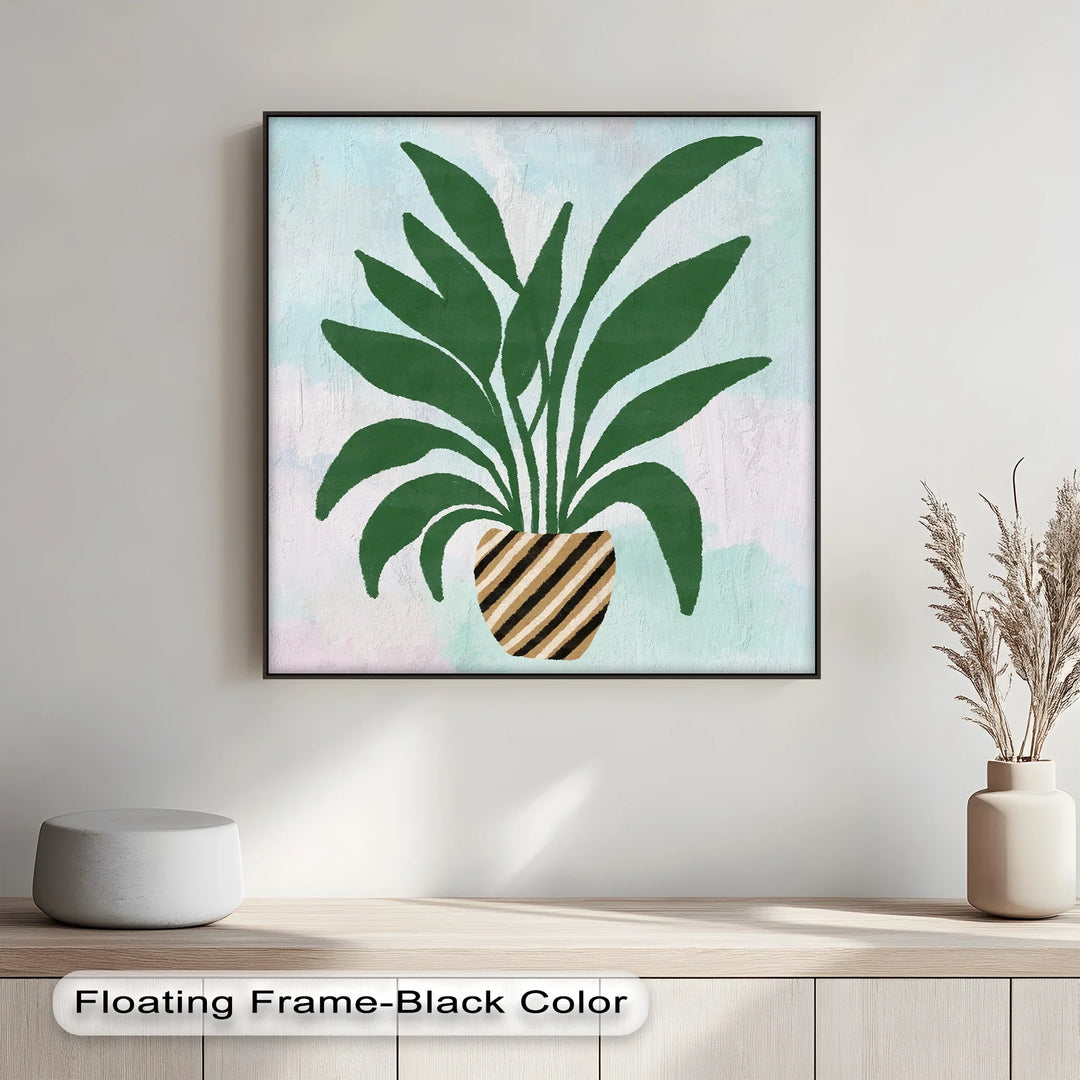 Striped Planter Botanical Art – Minimalist Green Leaf Canvas Print - MyPhotoStation