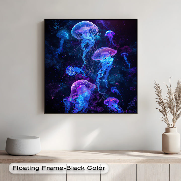 The visual rhythm of luminous neon jellyfish gracefully swimming in a vibrant deep-sea universe defines this captivating canvas art.