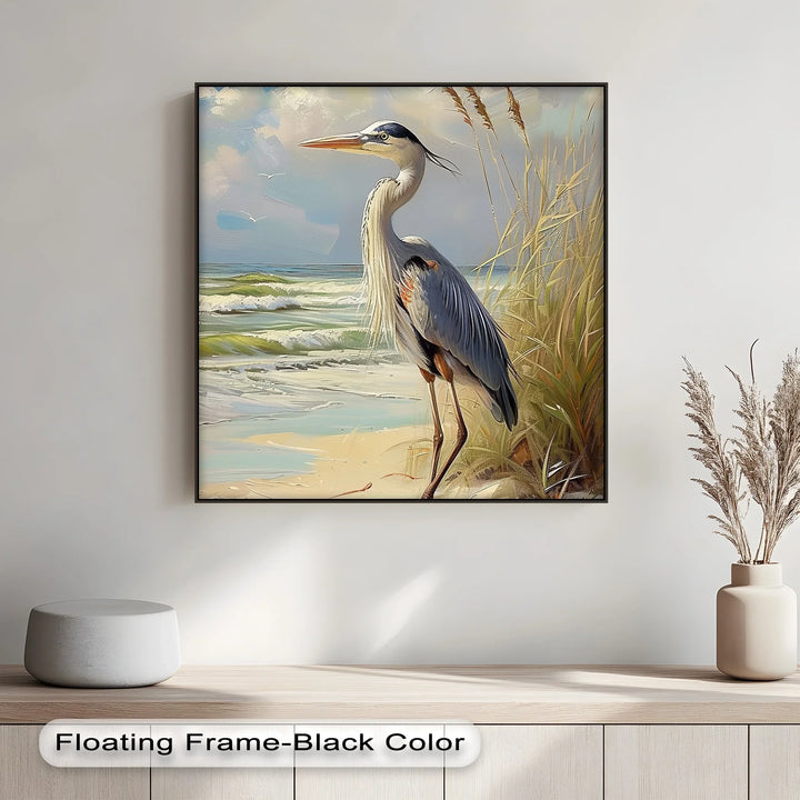 Coastal Grace – Majestic Heron by the Shore Canvas Print - MyPhotoStation
