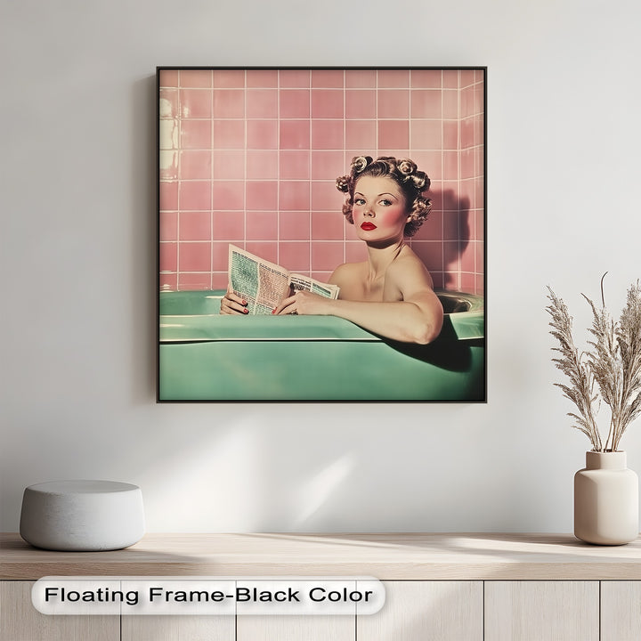 With soft lighting and a nostalgic setting, this canvas brings classic pin-up style to life—ideal for retro-inspired homes and creative bathroom walls.

