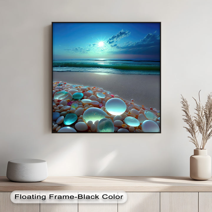 Dazzling sun rays burst brightly over the tranquil ocean, illuminating the unique glowing pebble beach and waves within vibrant canvas pictures.
