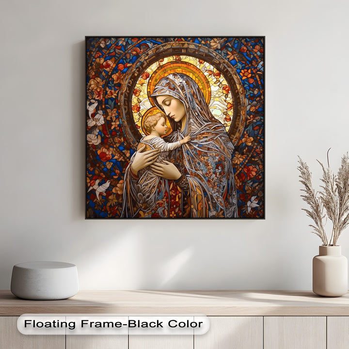 The vibrant color contrast in this Stained Glass Madonna framed canvas highlights the intricate details of the Virgin Mary and Child wall art.