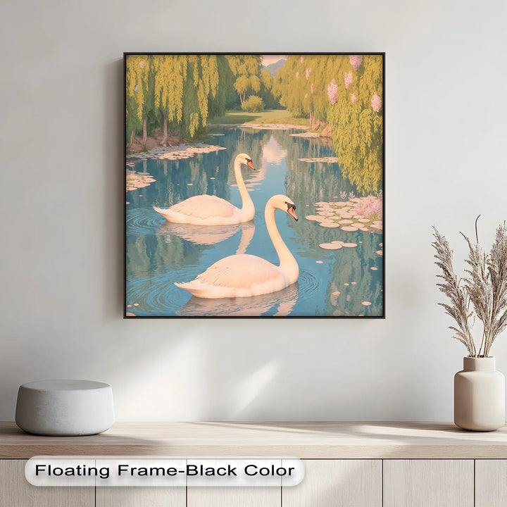 Serene Swan Pair on Lily Pond – Nature Animal Canvas Print - MyPhotoStation