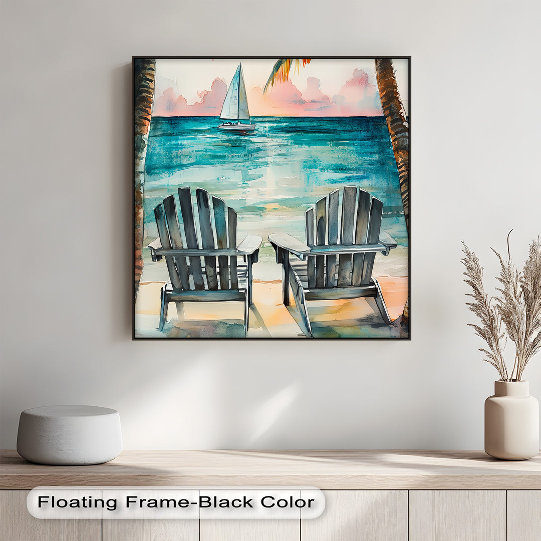 Escape to island serenity with this artistic canvas painting of a sailboat at dusk.

