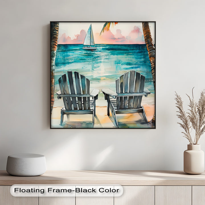 Escape to island serenity with this artistic canvas painting of a sailboat at dusk.

