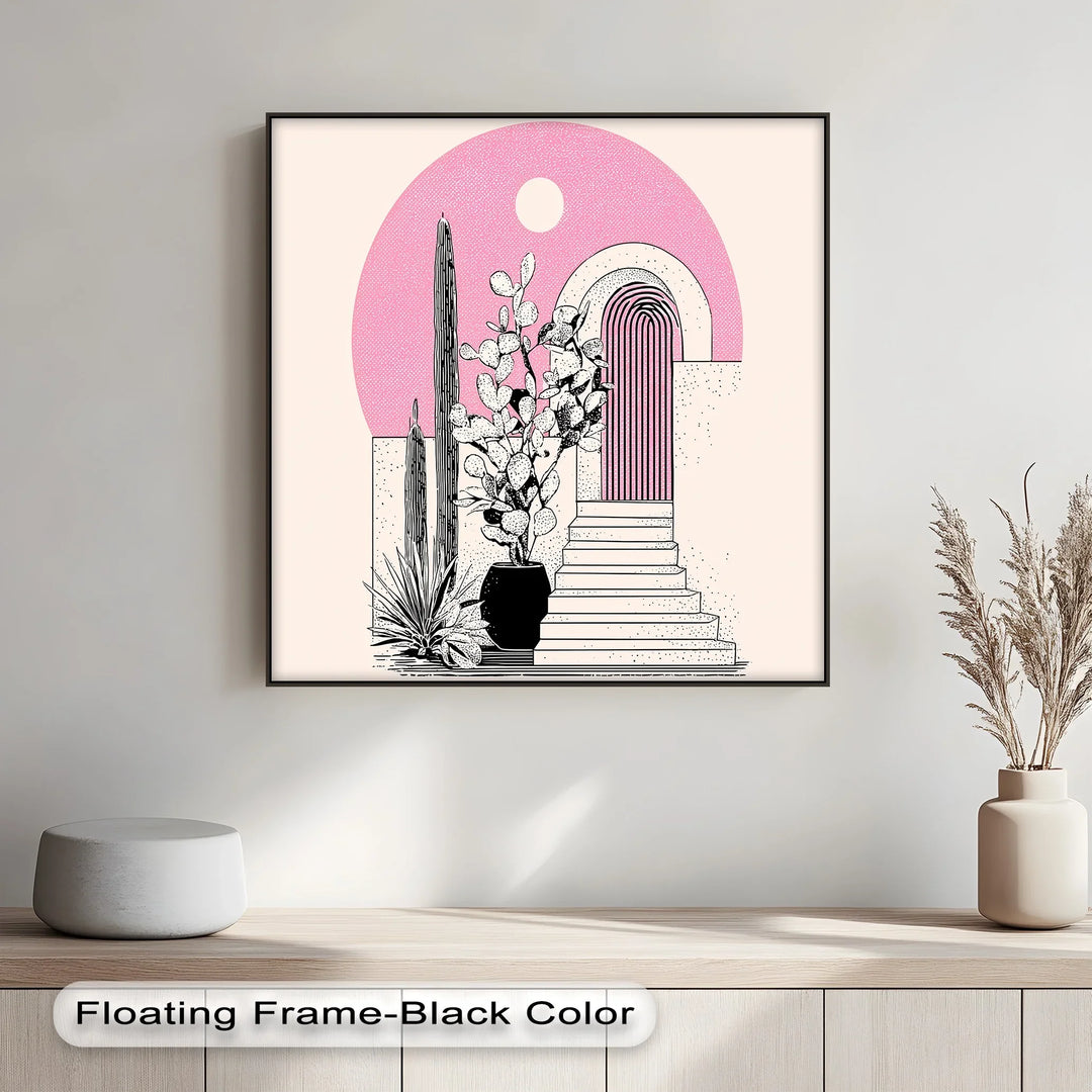 Modern Desert Archway Illustration – Black & Pink Canvas Print - MyPhotoStation